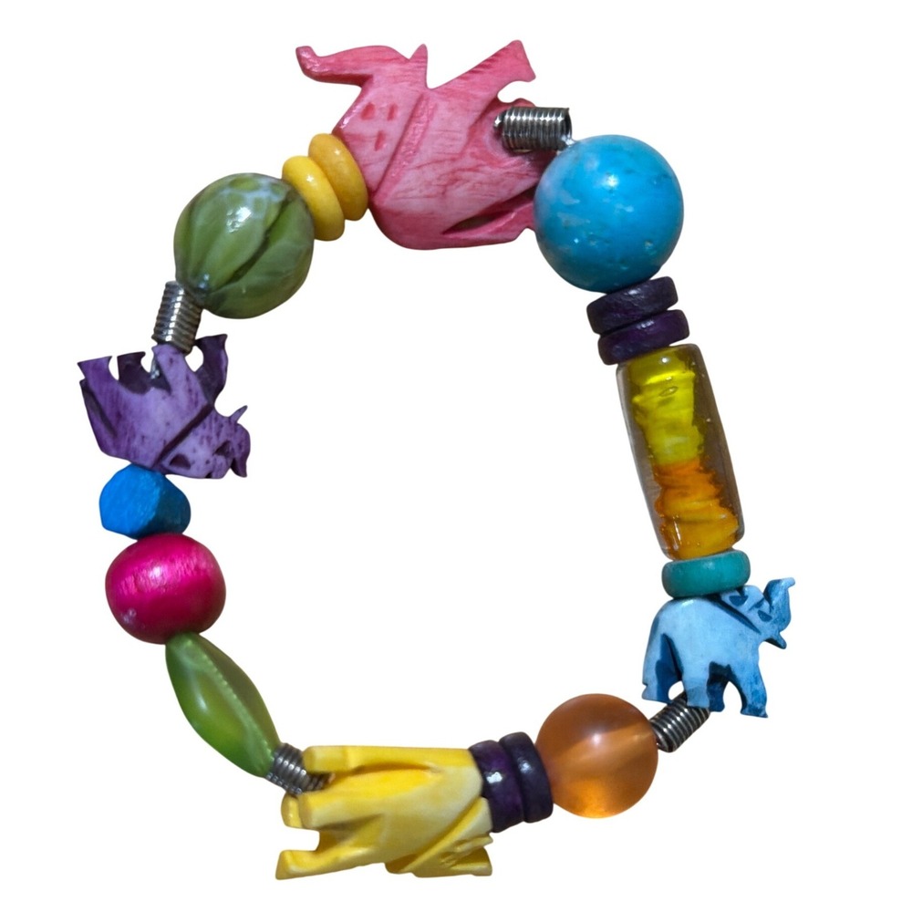 Vintage Multi Color Carved Elephant Beaded Stretch Bracelet Whimsical‎ Eclectic